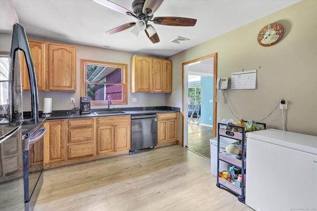 3 Old Hemlock Rd, Brookfield, CT 06804 - kitchen with dishwashing machine, fridge, light wood finished floors, a ceiling fan, and dark countertops
