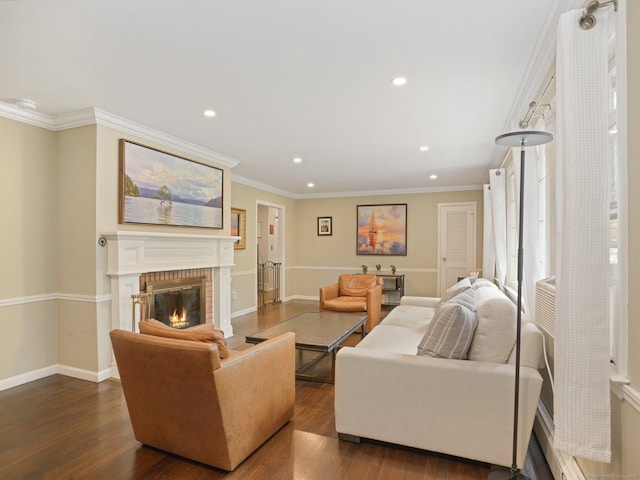11 Dundee Rd, Stamford, CT 06903 - living area featuring recessed lighting, dark wood-style floors, a fireplace, and ornamental molding