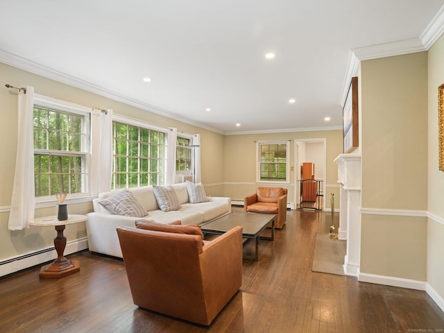 11 Dundee Rd, Stamford, CT 06903 - living area featuring dark wood-style floors, recessed lighting, ornamental molding, baseboard heating, and a fireplace with flush hearth