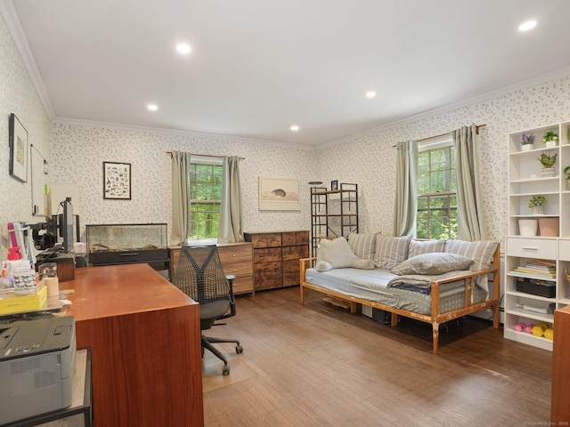 11 Dundee Rd, Stamford, CT 06903 - office with ornamental molding, wood finished floors, wallpapered walls, and recessed lighting
