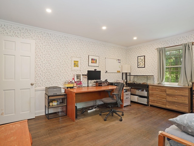 11 Dundee Rd, Stamford, CT 06903 - home office featuring crown molding, wood finished floors, wallpapered walls, and recessed lighting