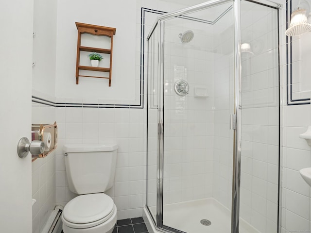 11 Dundee Rd, Stamford, CT 06903 - bathroom featuring a stall shower, baseboard heating, and tile walls