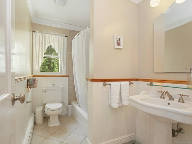 11 Dundee Rd, Stamford, CT 06903 - full bath with ornamental molding, tile patterned flooring, shower / tub combo with curtain, and a baseboard heating unit