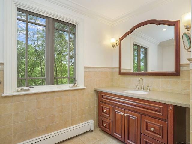 11 Dundee Rd, Stamford, CT 06903 - bathroom with a baseboard heating unit, vanity, tile patterned floors, ornamental molding, and tile walls