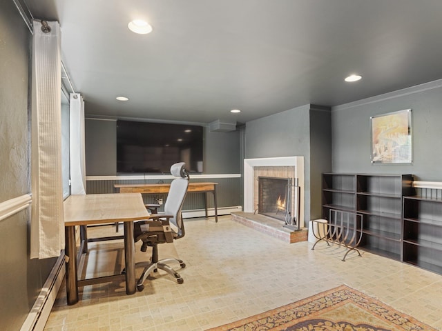 11 Dundee Rd, Stamford, CT 06903 - office featuring baseboard heating, a fireplace, recessed lighting, and ornamental molding