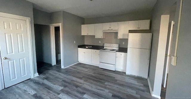 152 Brook St, Hartford, CT 06120 - kitchen with white appliances, under cabinet range hood, white cabinetry, dark wood-style flooring, and dark countertops