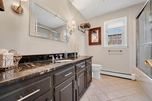 9 Anton Ln, Berlin, CT 06037 - bathroom with baseboard heating, vanity, tile patterned flooring, and enclosed tub / shower combo