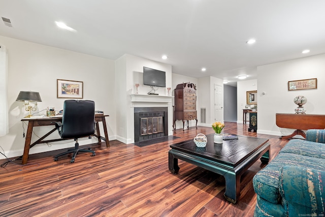 306 Hadley Dr Unit 306, Trumbull, CT 06611 - living room featuring recessed lighting, wood finished floors, a fireplace with flush hearth, and a desk