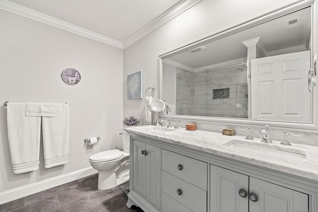 306 Hadley Dr Unit 306, Trumbull, CT 06611 - full bath with double vanity, ornamental molding, a tile shower, and stone finish floors