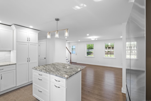 13 Brushy Plain Rd, Branford, CT 06405 - kitchen featuring recessed lighting, white cabinetry, pendant lighting, a center island, and light stone countertops