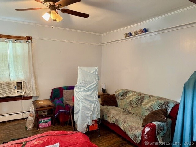 72 Stewart St, Bristol, CT 06010 - bedroom featuring wood finished floors, a baseboard radiator, crown molding, cooling unit, and a ceiling fan