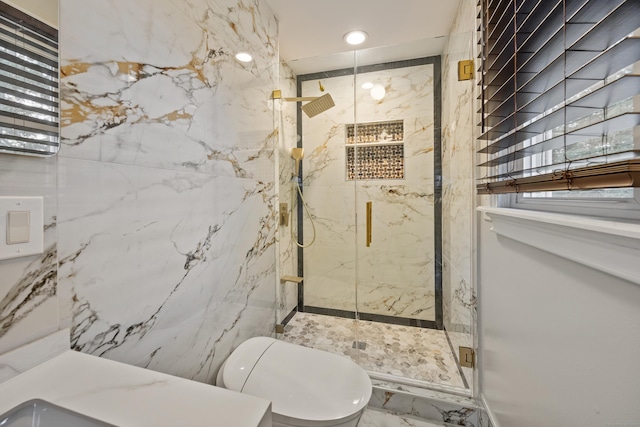 90 Haddad Rd, Waterbury, CT 06708 - full bath with marble finish floors, a marble finish shower, and recessed lighting