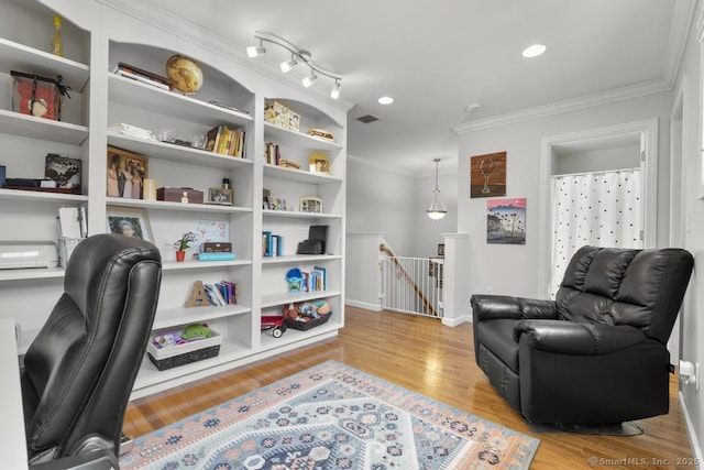 47 Bradford Walk Unit 47, Farmington, CT 06032 - living area featuring an upstairs landing, ornamental molding, wood finished floors, and an office area