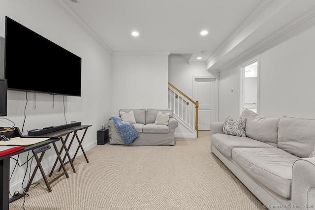 47 Bradford Walk Unit 47, Farmington, CT 06032 - living area featuring stairway, ornamental molding, carpet floors, and recessed lighting