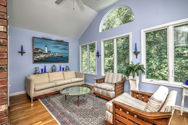 507 Elk Run Unit 507, Shelton, CT 06484 - living room with a ceiling fan, wood finished floors, and high vaulted ceiling