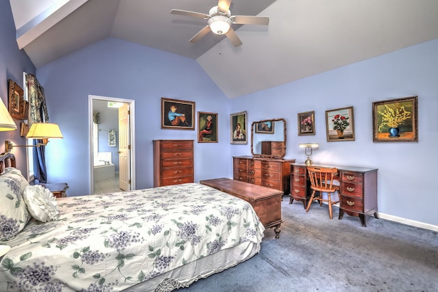 507 Elk Run Unit 507, Shelton, CT 06484 - bedroom featuring vaulted ceiling, carpet, a ceiling fan, and ensuite bathroom
