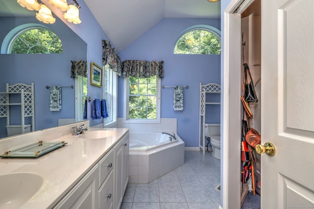 507 Elk Run Unit 507, Shelton, CT 06484 - full bathroom with tile patterned flooring, a bath, vaulted ceiling, double vanity, and healthy amount of natural light