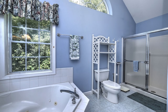 507 Elk Run Unit 507, Shelton, CT 06484 - full bath featuring a tub with jets, tile patterned floors, a stall shower, and lofted ceiling