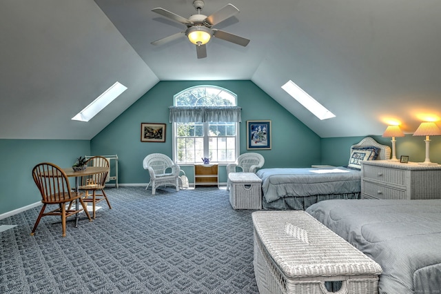507 Elk Run Unit 507, Shelton, CT 06484 - bedroom featuring a skylight, carpet, lofted ceiling, and ceiling fan