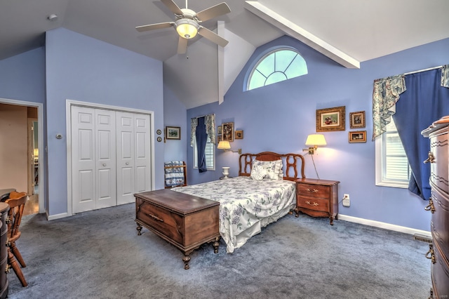 507 Elk Run Unit 507, Shelton, CT 06484 - bedroom with carpet flooring, a closet, high vaulted ceiling, and a ceiling fan