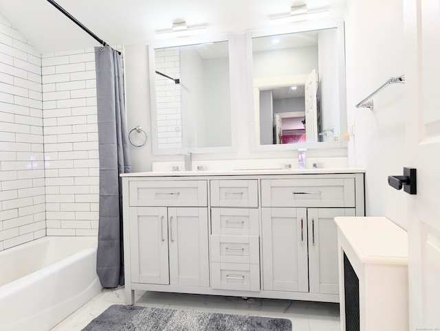 18 Victory St, Bridgeport, CT 06606 - bathroom with shower / tub combo with curtain, double vanity, and marble look tiles