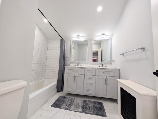 18 Victory St, Bridgeport, CT 06606 - bathroom with marble finish floors, shower / tub combination, double vanity, and recessed lighting