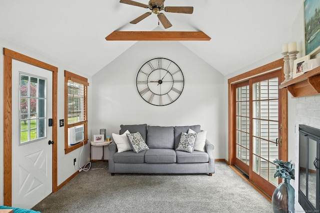 17 Wilstar Cir, Enfield, CT 06082 - carpeted living room with a fireplace, a ceiling fan, and cooling unit