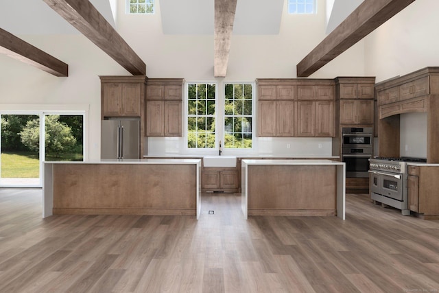 30 Tyrone Rd, Pomfret, CT 06259 - kitchen with a center island, premium appliances, high vaulted ceiling, beamed ceiling, and tasteful backsplash