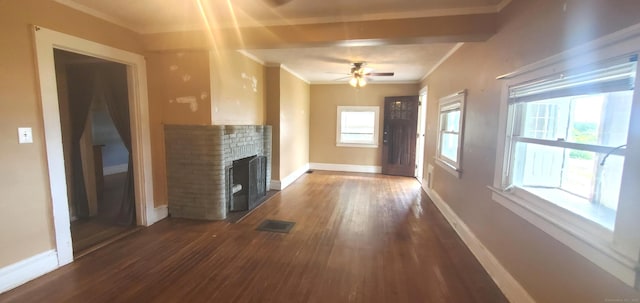 127 S Main St, East Windsor, CT 06088 - unfurnished living room with ornamental molding, wood finished floors, a brick fireplace, and ceiling fan