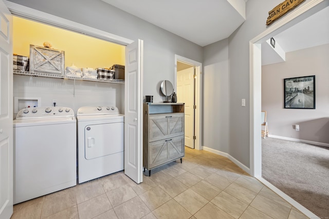 105 Hidden Pines Cir, Meriden, CT 06451 - laundry area featuring separate washer and dryer, light tile patterned flooring, and light carpet
