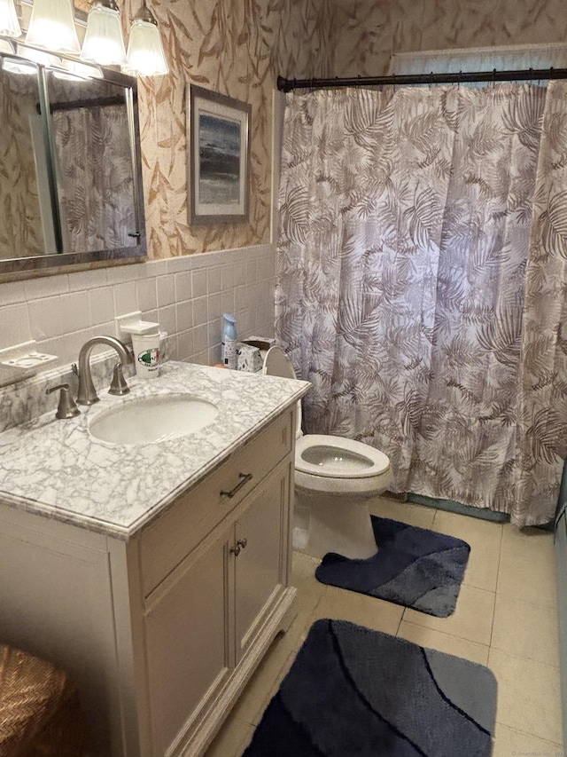 97 Flint Ridge Rd, Monroe, CT 06468 - bathroom featuring vanity, wallpapered walls, tile patterned floors, and a shower with curtain