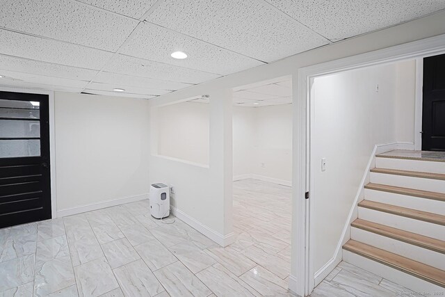 471 Moosup Pond Rd, Plainfield, CT 06354 - finished below grade area featuring stairs, recessed lighting, a drop ceiling, and light marble finish floors