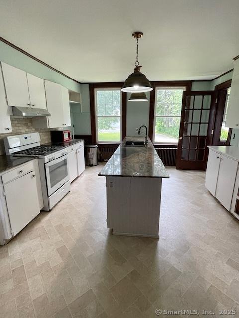 2 Judd Ave, Bethel, CT 06801 - kitchen with white appliances, under cabinet range hood, white cabinets, and dark countertops