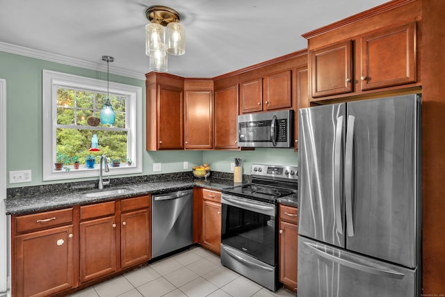41 Palmer St Unit 20, Norwich, CT 06360 - kitchen with appliances with stainless steel finishes, brown cabinets, ornamental molding, light tile patterned floors, and dark stone counters