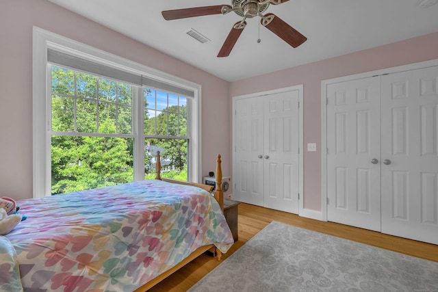 41 Palmer St Unit 20, Norwich, CT 06360 - bedroom featuring two closets, wood finished floors, and a ceiling fan