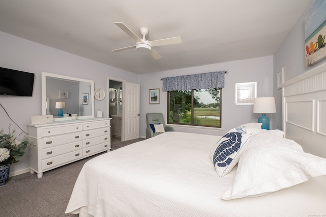 143 Sandy Point Rd Unit 143, Old Saybrook, CT 06475 - bedroom with dark carpet, a ceiling fan, and connected bathroom