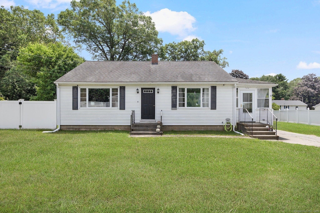 100 Breault St, Putnam, CT 06260 - view of front of house featuring entry steps, a chimney, and roof with shingles