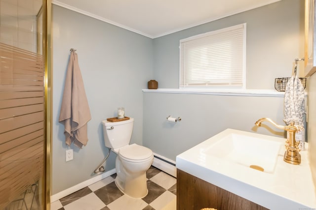 59 Flint Ridge Rd, Monroe, CT 06468 - full bathroom with a baseboard radiator, vanity, crown molding, tile patterned floors, and a shower