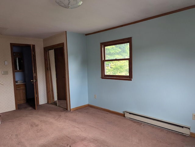 10 Staples St, Danbury, CT 06810 - unfurnished bedroom featuring a baseboard heating unit, light carpet, and ornamental molding