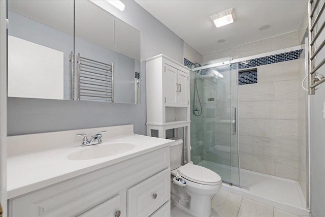 11 Fawn Rdg, Woodstock, CT 06281 - full bath featuring vanity, a shower stall, a towel warmer, and marble look tiles