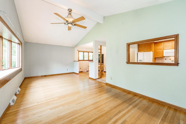 10 Thomas St, Windsor Locks, CT 06096 - unfurnished living room with beam ceiling, hardwood / wood-style flooring, ceiling fan, and high vaulted ceiling