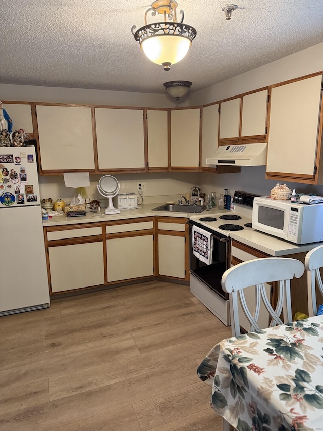 531 Meriden Rd Unit 2, Waterbury, CT 06705 - kitchen featuring white appliances, under cabinet range hood, light countertops, light wood finished floors, and a textured ceiling