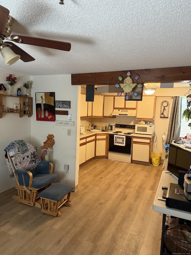 531 Meriden Rd Unit 2, Waterbury, CT 06705 - kitchen with white appliances, under cabinet range hood, a textured ceiling, a ceiling fan, and light wood finished floors