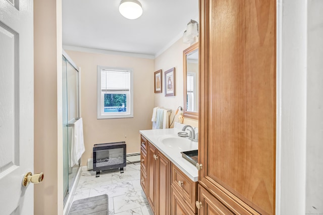 59 Laurel Wood Dr, Shelton, CT 06484 - full bathroom with marble finish flooring, vanity, a baseboard heating unit, a stall shower, and crown molding