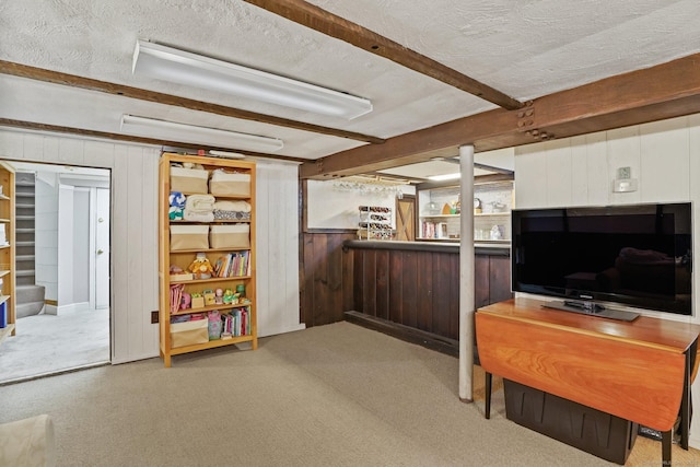 8 Gillies Ln, Norwalk, CT 06854 - carpeted living room with wooden walls, a textured ceiling, and a dry bar