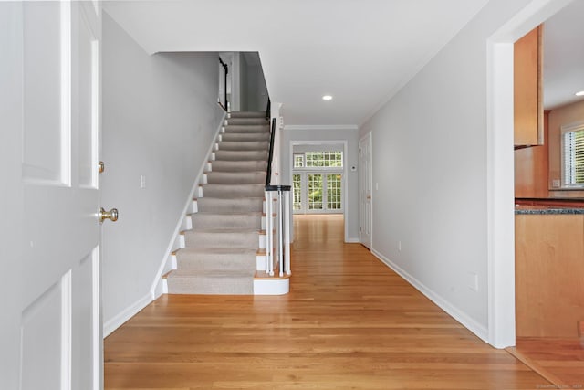 21 Lakeview Ave Unit 21, New Canaan, CT 06840 - staircase with wood finished floors, crown molding, and recessed lighting