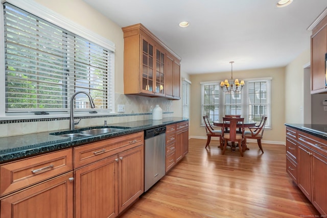 21 Lakeview Ave Unit 21, New Canaan, CT 06840 - kitchen featuring stainless steel dishwasher, light wood-style floors, plenty of natural light, a chandelier, and recessed lighting