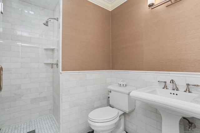 21 Lakeview Ave Unit 21, New Canaan, CT 06840 - bathroom featuring a shower stall, a wainscoted wall, and ornamental molding