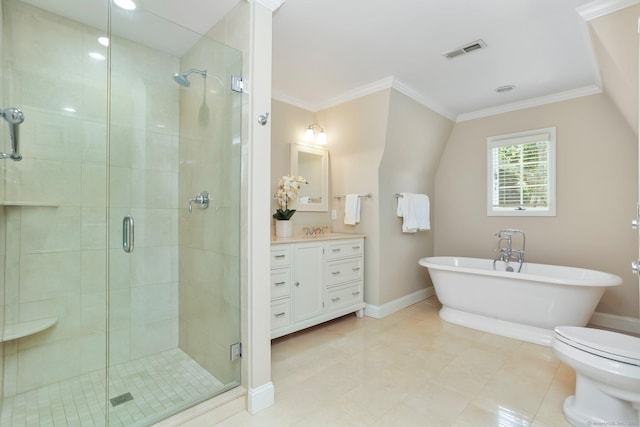 21 Lakeview Ave Unit 21, New Canaan, CT 06840 - full bath featuring vanity, a stall shower, crown molding, and a freestanding bath