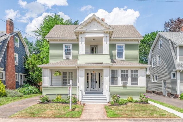 27 Thornton St, Hamden, CT 06517 - neoclassical home with a porch, roof with shingles, and a chimney